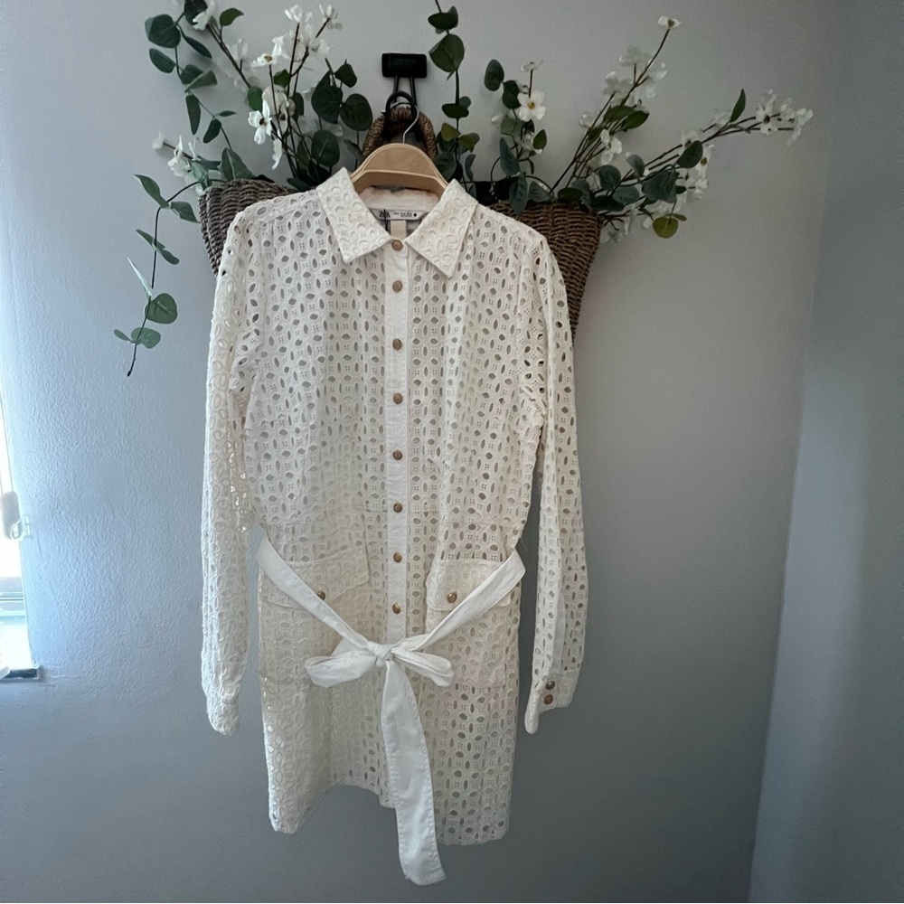 ZARA eyelet button dress with tie